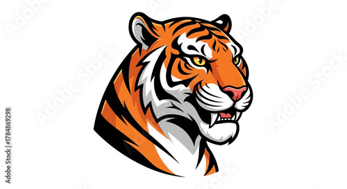 Fierce tiger head with intense gaze and bared teeth, symbolizing power and courage for sports teams and aggressive brands.