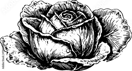 Rose drawing in vintage style. Detailed black and white vector illustration showcasing botanical beauty and classic design.