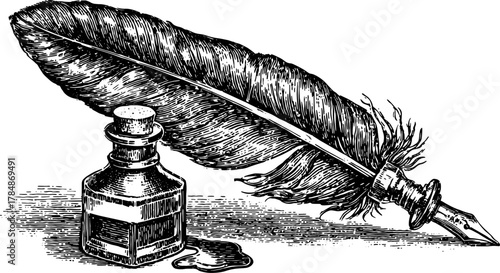 Feather quill and ink bottle in vintage outline style. Classic set emphasizes writing and drawing craft in a hand-drawn vector illustration.