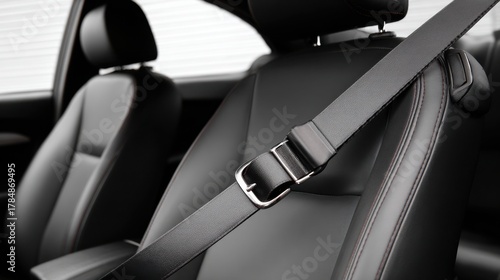 Black Leather Car Interior with Seatbelt Fastened on Vehicle Seat