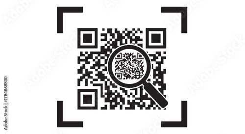 Closeup of a qr code with a magnifying glass, indicating scanning and information retrieval, isolated on transparent background