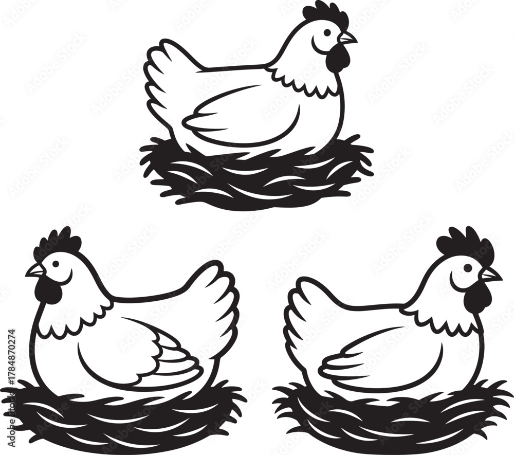 Fototapeta premium Three hens sitting in nests silhouette
