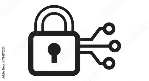 Digital security padlock icon with circuit board connections isolated on transparent background