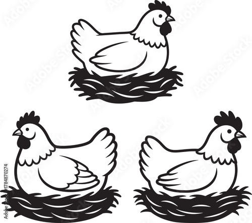 Three hens sitting in nests silhouette