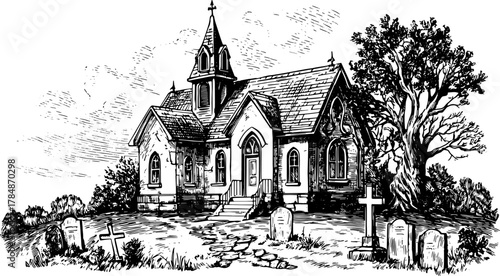 Church building with graveyard in outline style. Black and white vector illustration depicting a rural landscape with a tree and tombstones.