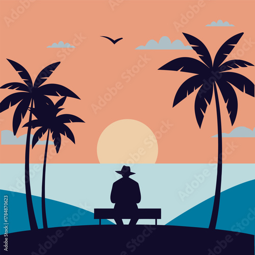 Dreamer Sitting On Bench Under Palms Silhouette