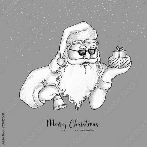 Merry Christmas festival greeting card with santa claus holding gift