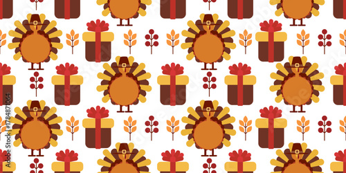 Seamless Thanksgiving pattern featuring turkey, gift with red bow, yellow leaves and berry branches. Perfect for festive textile and wrapping paper.
