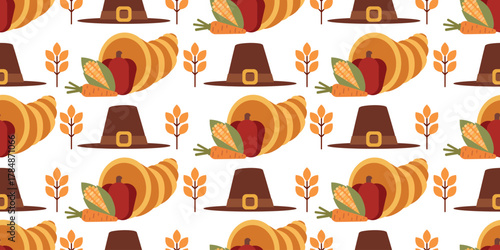 Seamless Thanksgiving pattern with cornucopia, vegetables, pilgrim hat, and yellow branches. Ideal for textile, wrapping, and festive fall prints.