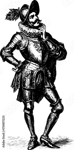 Engraving of a vintage character in an elaborate outfit. Historical vector illustration featuring armor, headwear, and accessories in detailed style.