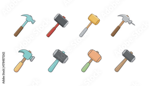 Variety of colorful hammer and mallet flat vector icons for construction and manual labor themes.