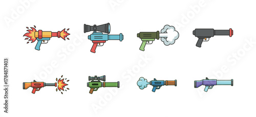 Collection of cartoon weapon icons, including ray guns, bazookas, and futuristic firearms with effects.