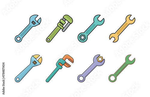 Flat vector icon set of various wrench tools, including adjustable, pipe, and spanner wrenches for repair work.