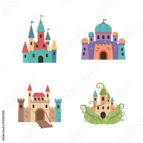 Collection of colorful cartoon fantasy castle icons, representing fairy tales, royalty, and medieval architecture.