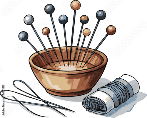 Sewing supplies pin cushion thread and scissors illustration