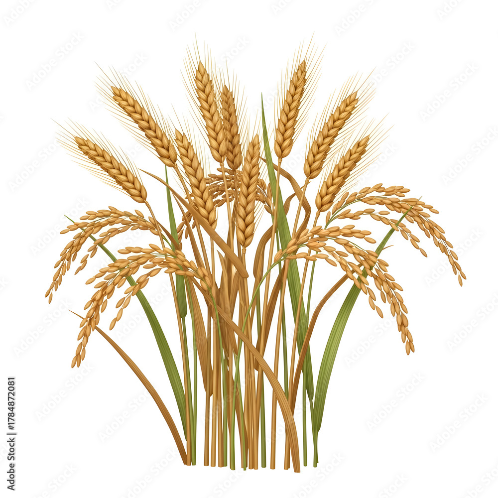 Fototapeta premium Golden wheat stalks and rice grains with green leaves on white background cereal agriculture