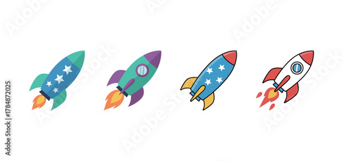 Collection of cartoon flying rocket icons with stars and fire, symbolizing space travel and startup launch.