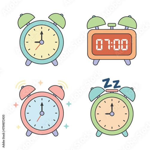 Set of Colorful Alarm Clock Flat Vector Icons: Analog and Digital Clocks for Time Management, Wake Up and Morning Routine, Isolated on White