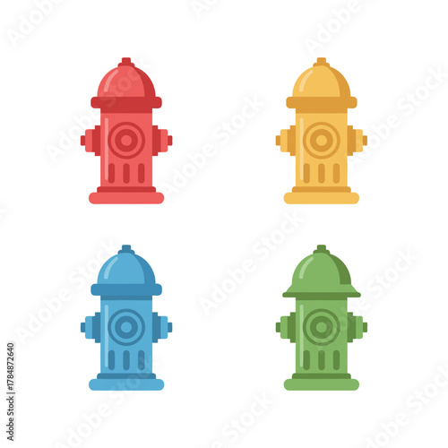 Set of Colorful Fire Hydrant Flat Vector Icons: Public Safety Equipment and Urban City Element Isolated on White Background