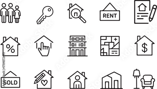 Real Estate Icon Set — Property, Mortgage, Home Loan, and Realtor Line Symbols Vector