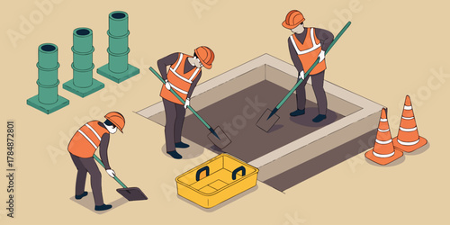Engineer working on-site to install an eco-friendly aerobic treatment system in a septic tank, shown in an isometric illustration.