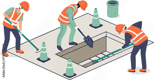 Engineer installing an eco-friendly aerobic treatment system in a septic tank at a construction site, shown in an isometric view.