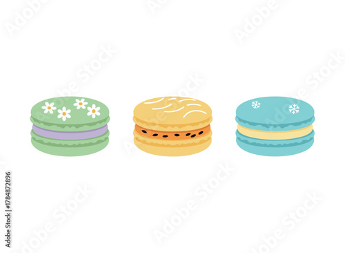 Set of Colorful French Macarons Flat Vector Icons: Sweet Dessert with Different Flavors and Toppings Isolated on White Background