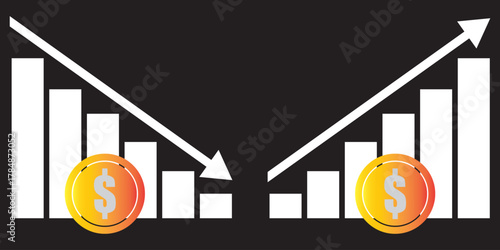 Financial growth and decline bar chart illustration. showing opposite financial trends with bar charts and dollar symbols, representing business growth and economic decline conceptEPS10/AI.