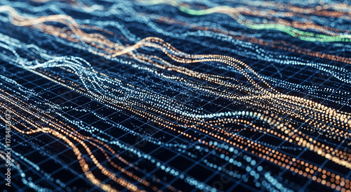 Abstract digital data flow with colorful wavy lines and grid pattern