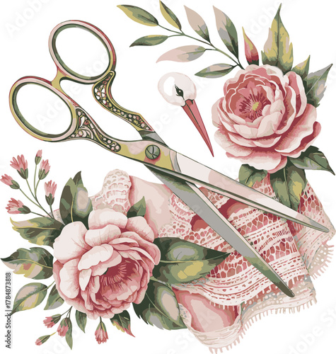 Vintage scissors and roses crafting illustration