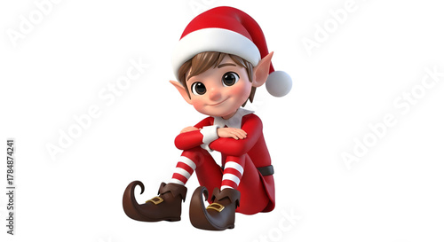 A cute cartoon elf wearing a red santa hat and suit, sitting down with a friendly smile, isolated on transparent background