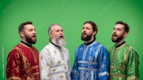 Four orthodox men singing in a choir, moving their mouth and head in unison on a green chroma key background, video footage