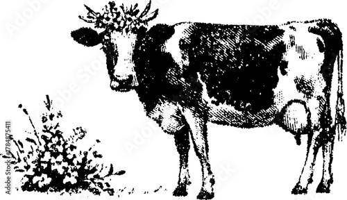 Cow standing in a pasture with foliage. Simple black and white vector illustration depicting a domestic animal in an agricultural setting.
