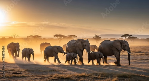Herd of african elephants walking across savanna at sunrise