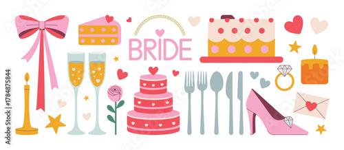 Bachelorette Party Icons Set – Retro Cartoon Girls Night Elements with Bride Dress, Cake, Champagne Glasses, Disco Ball, Fun Bridal Shower Vector Illustration