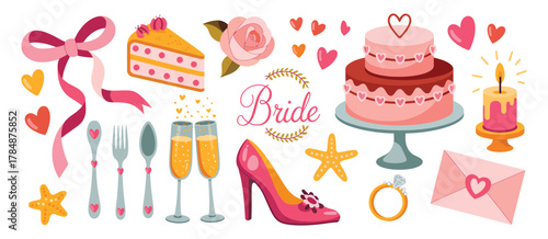 Bachelorette Party Icons Set – Retro Cartoon Girls Night Elements with Bride Dress, Cake, Champagne Glasses, Disco Ball, Fun Bridal Shower Vector Illustration