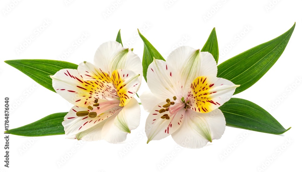 Obraz premium Beautiful white flowers with yellow spots and green leaves on a white background