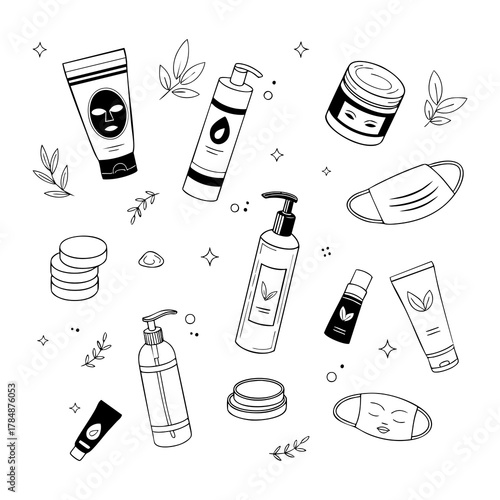 Cosmetics and care are minimalistic doodle illustrations of beauty and hygiene products.