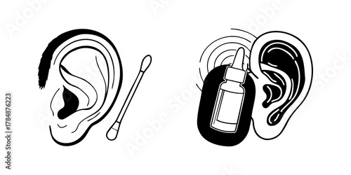 Ear hygiene — cotton swab and drops, medical illustration, care and prevention.