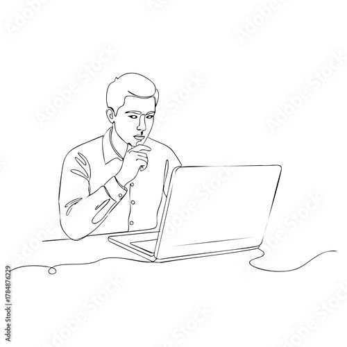 A businessman with a laptop is a line of thinking, work, and entrepreneurial analysis