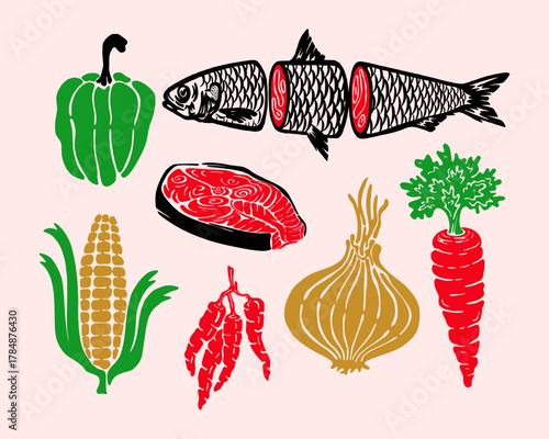 Healty realfood fish vegetable collection illustration vector clip art isolated editable