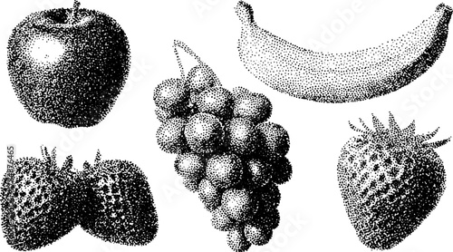 Black fruit vector illustration set: apple, banana, grapes, and strawberries. Simple design suitable for various applications.