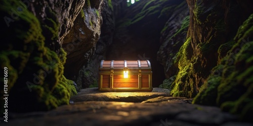 Pirate A glowing treasure chest nestled in a moss-covered cave.