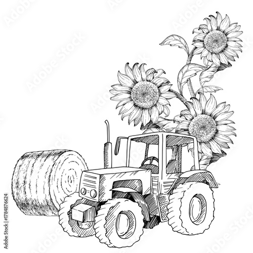 Composition of tractor, sunflowers and haystack. Vector ink styled handmade illustration. For packaging design, cards, cover, prints, product labels and fabric.