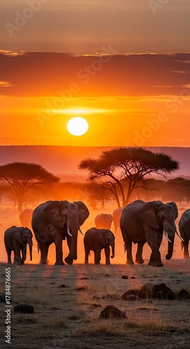 Herd of african elephants walking at sunset silhouetted against the sky