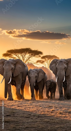 Herd of african elephants walking at sunset silhouetted with sky background