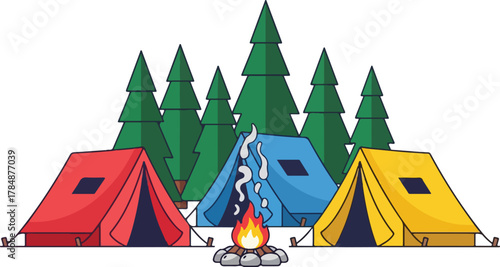 Three colorful tents and a campfire in a forest with pine trees, depicting a camping scene.
