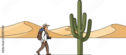 An illustration of a traveler with a backpack and camera walking past a tall saguaro cactus in a desert landscape with sand dunes.