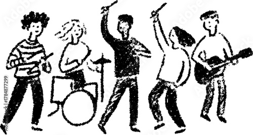 Band of musicians performing music. Simple black and white vector illustration of drums, guitar, and artists in a lively set.