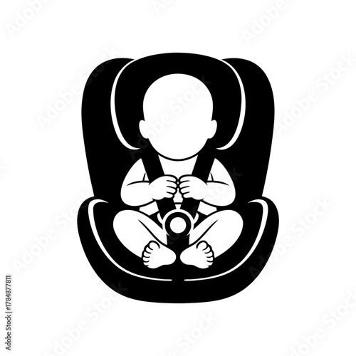 Vector icon of a baby in a child car seat, secured with seat belts. Child in a safe car seat, transporting children in a car. Protecting and caring for a child while traveling. Baby in a carrycot